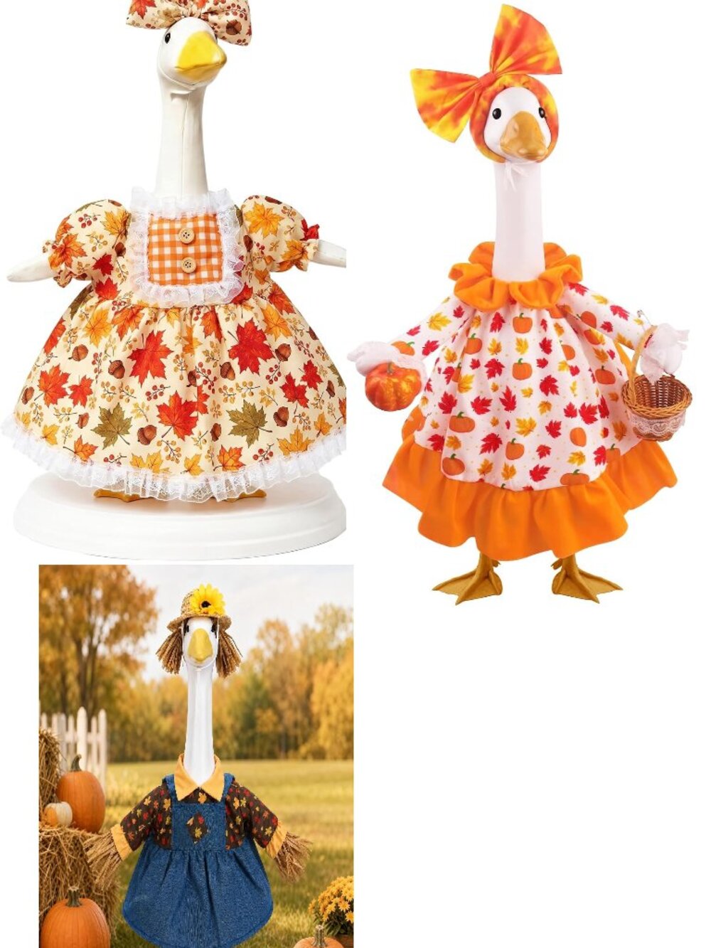 Set of 3 Fall Autumn Pumpkin Scarcrow Outfits - 23" Porch Goose - Dress Hat Bows